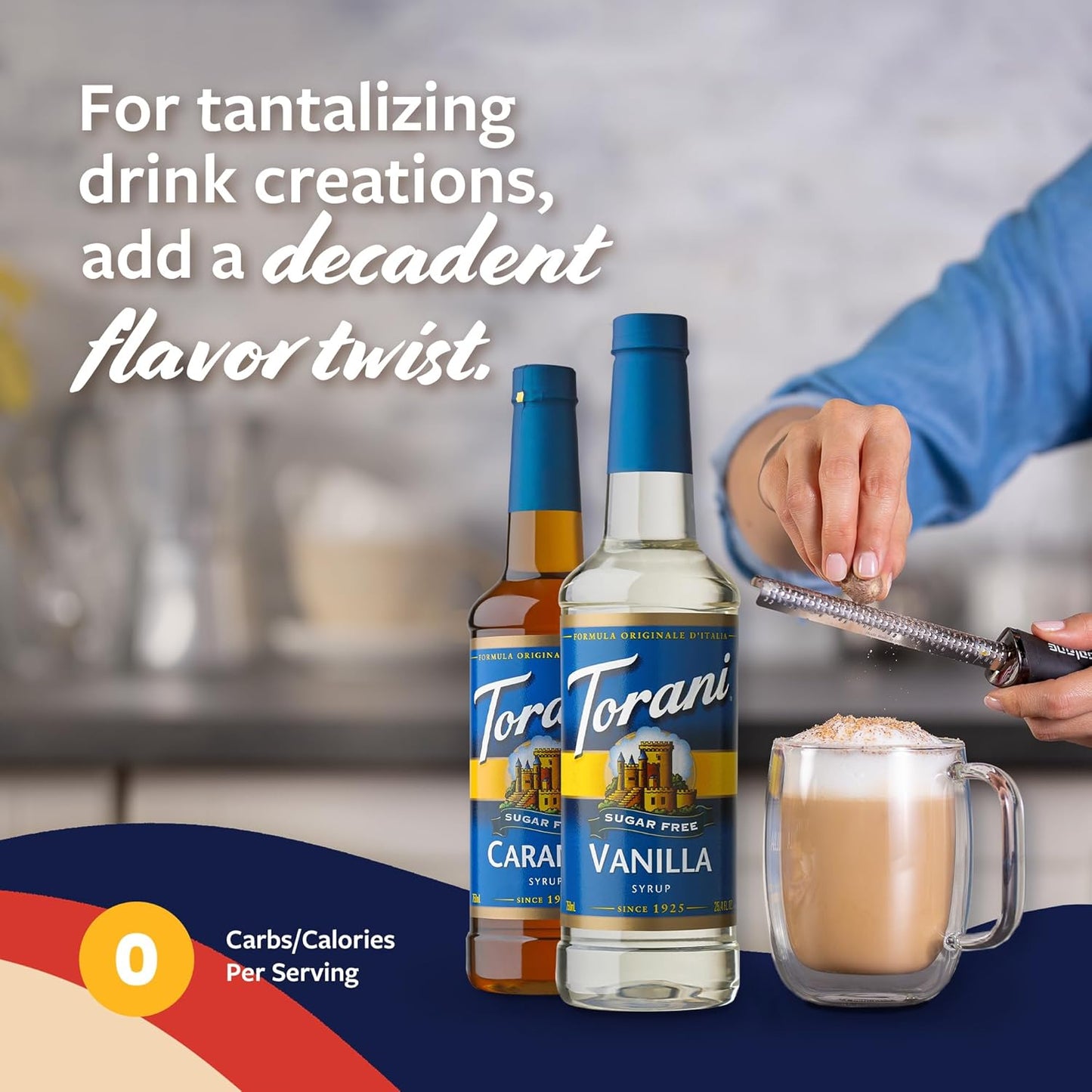 Torani Sugar Free Caramel Syrup and Sugar Free Vanilla Syrup Variety 2-Pack, Coffee Syrups for Drinks, Pumps Included, 25.4 Fl Oz Ea