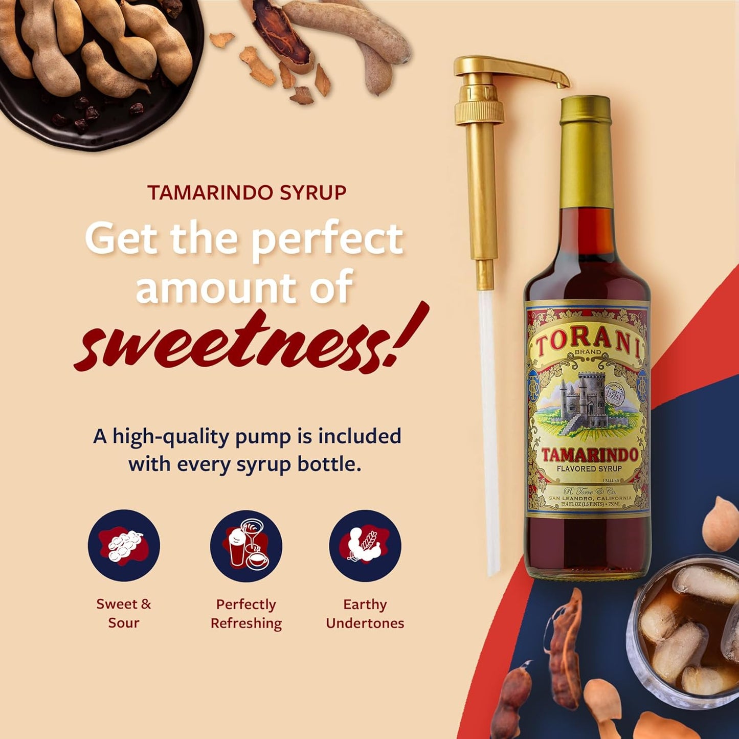 Torani Tamarindo Syrup, 100th Anniversary Flavor for Drinks, Glass Bottle with Pump Included, 25.4 Fl Oz