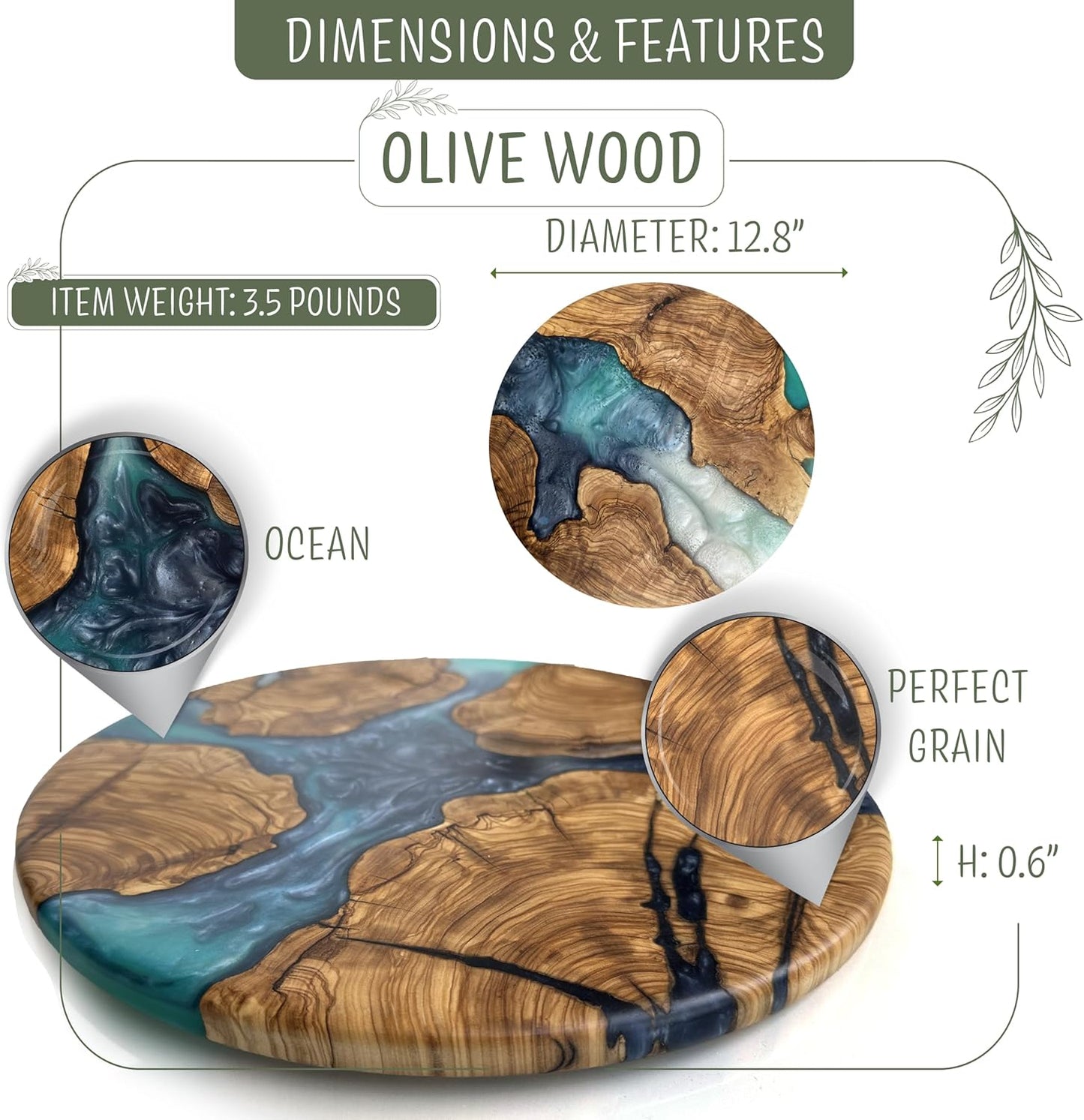 Handmade Olive Wood Round Cutting Board Resin Round Charcuterie Board, Epoxy Wood Cutting Board for Kitchen, Ocean Resin Cheese Board Wood Circle, Olive Wood Resin Pizza Board (Ocean)