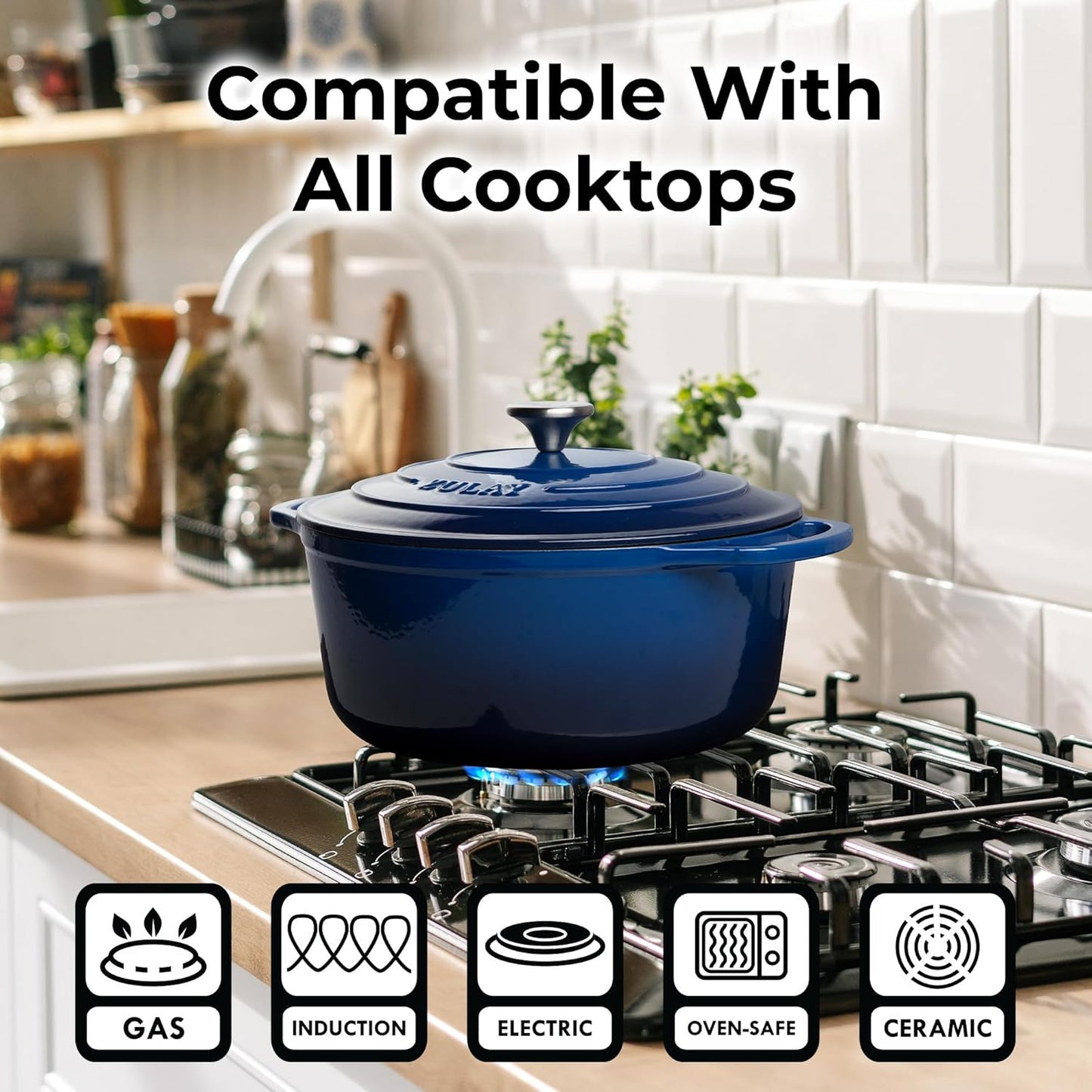 Zulay Kitchen 6 Quart Enameled Cast Iron Dutch Oven Pot with Lid – Premium Durability & Oven Safe up to 500°F – Heavy Duty Cookware Perfect for Bread Baking, Stews, Braising & Roasting – Blue