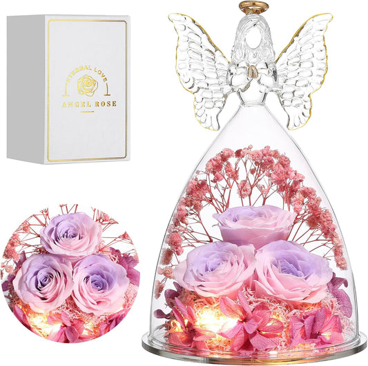 Mothers Day Mom Gifts for Women Preserved Flowers in Glass Angel Forever Flowers Gifts Eternal Roses Gifts for Grandma, PinkpurplePink