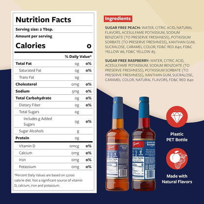 Torani Sugar Free Raspberry Syrup and Sugar Free Peach Syrup Variety 2-Pack, Flavored Syrups for Drinks, Pumps Included, 25.4 Fl Oz Ea