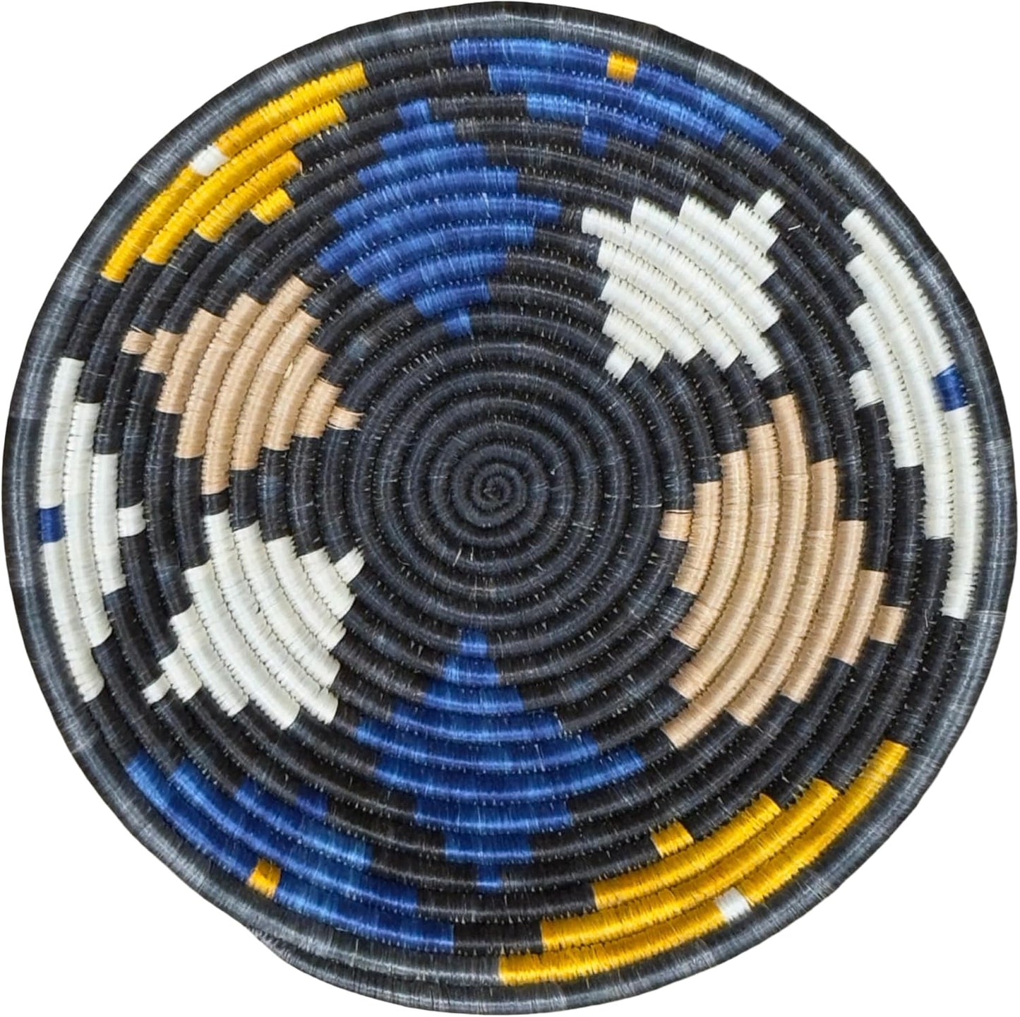 Handwoven African Basket Handmade sisal Fruit Bowl Wall Hanging decorative Baskets for Home Living Room Kitchen Centerpiece Zen Designs Arts and Crafts (Charcoal Grey Blue Tan, 10in diameter)