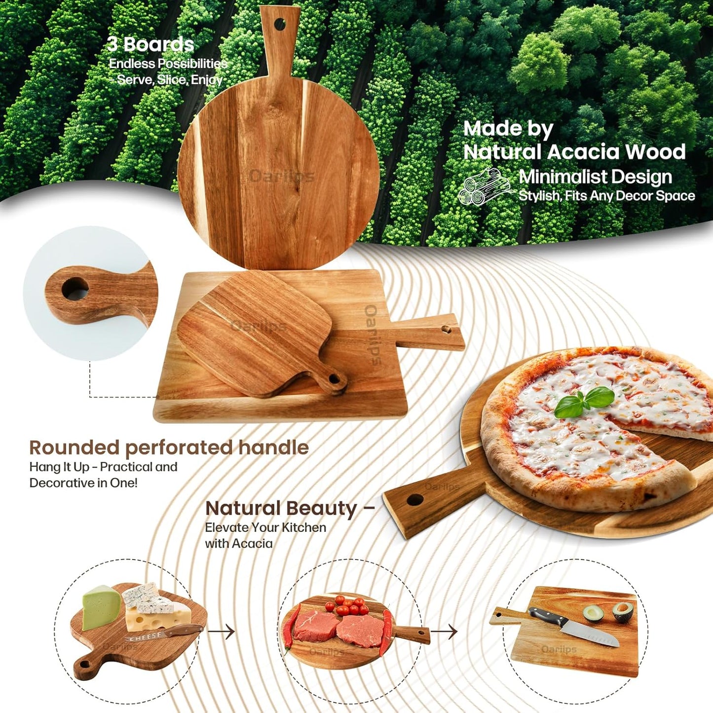 Acacia Wood Cutting Board 3 Pack with Handles, Wooden Charcuterie Boards Set for Kitchen - Round, Rectangular, and Small Paddle Serving Trays for Cheese, Meat, Pizza, Bread, and Fruits