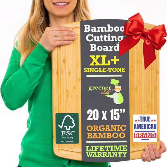 GREENER CHEF 20 Inch XL+ Organic Bamboo Cutting Board - Extra Large Butcher Block for Kitchen, Meat, Veggies, Charcuterie with Deep Juice Grooves & Lifetime Replacements