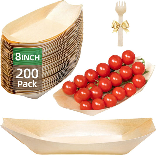 200-Pack Wooden Disposable Plates 8 IN Boat Plates Food Trays Disposable Dessert Plates Disposable Food Boats for Party Weddings Picnic (Actual Size Used: 4.72" D x 2.76" W x 0.87" H)