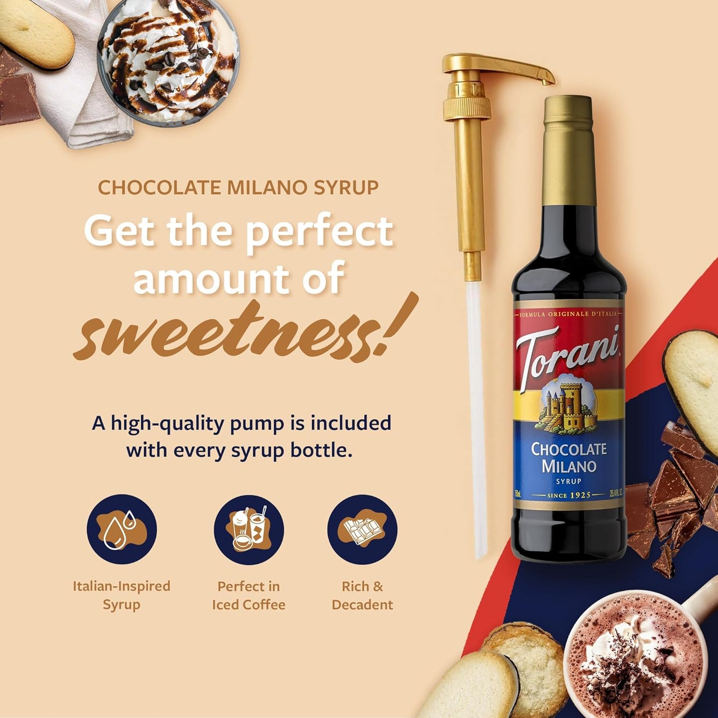 Torani Coffee Syrup, Chocolate Milano Flavored Syrup for Drinks, Pump Included, 25.4 Fl Oz