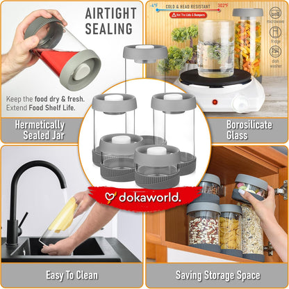 Glass Canisters Set - Kitchen Leakproof Seal Food Storage Jars - Coffee Bean Container - Pack of 5 Glass Canisters With Vacuum Airtight Lids for Cereal, Pet Treats, Nuts, Candy