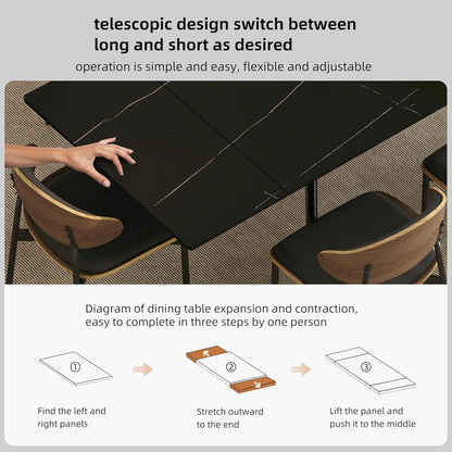 62.9"-94.4" Modern Extendable Dining Table for 6 to 10 Seats, Rectangular Sintered Stone Table with High Hardness and Easy Maintenance for Dining Room Family Gathering, Black Top