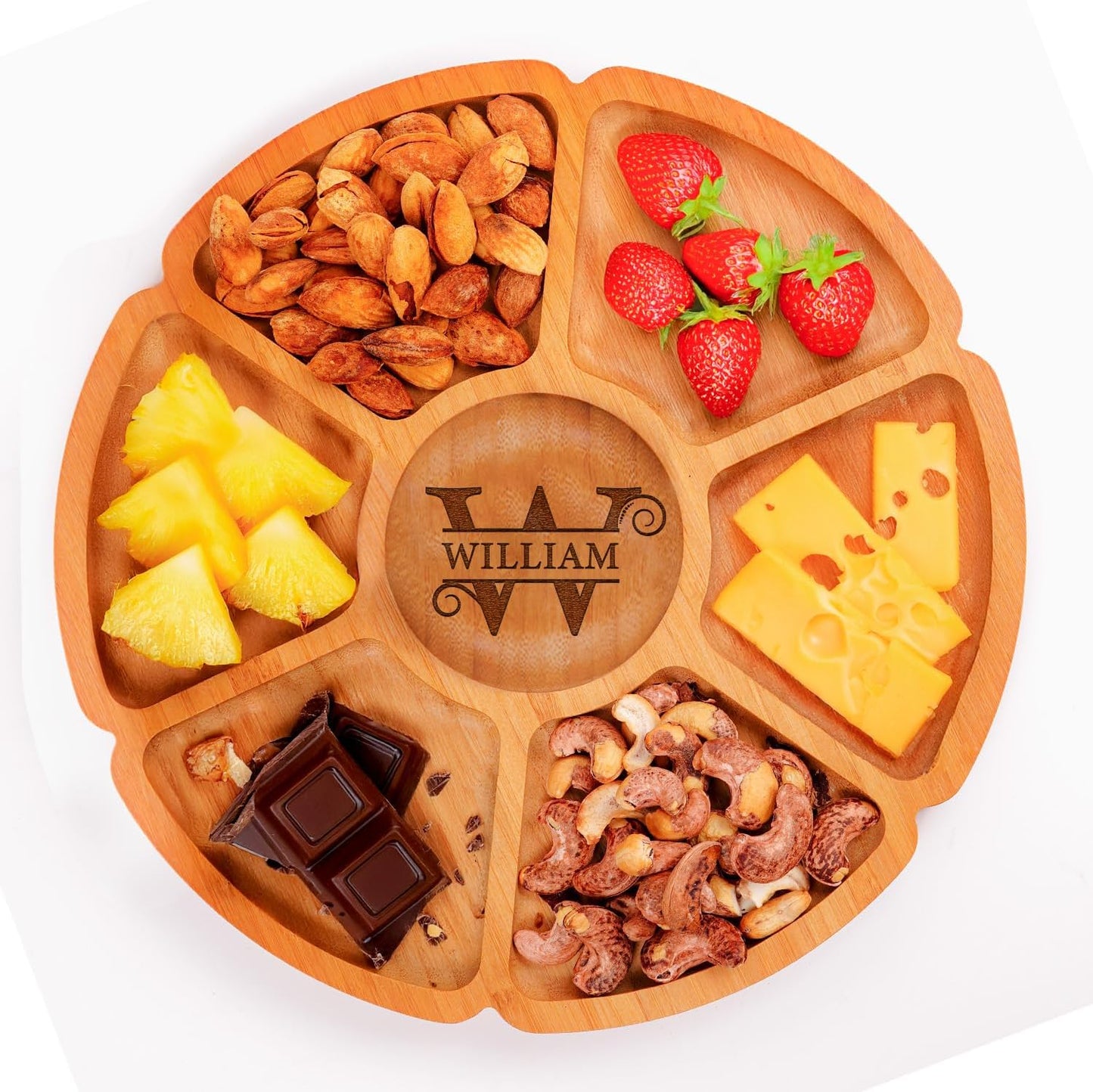 Custom Engraved Bamboo 11" Serving Tray – Personalized 7-Divided Flower Petal Platter, Perfect for Snacks, Appetizers, Charcuterie, Parties, Weddings, Housewarming, and Entertaining Gifts