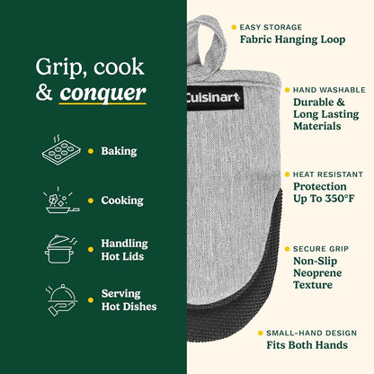 Cuisinart Mini Oven Mitts – 5.5” x 7” Heat-Resistant Kitchen Mitts for Oven with Non-Slip Neoprene Palm, Cotton Filling, and Fabric Loop – Durable Oven Mitt Set for Cooking & Baking (Light Gray)