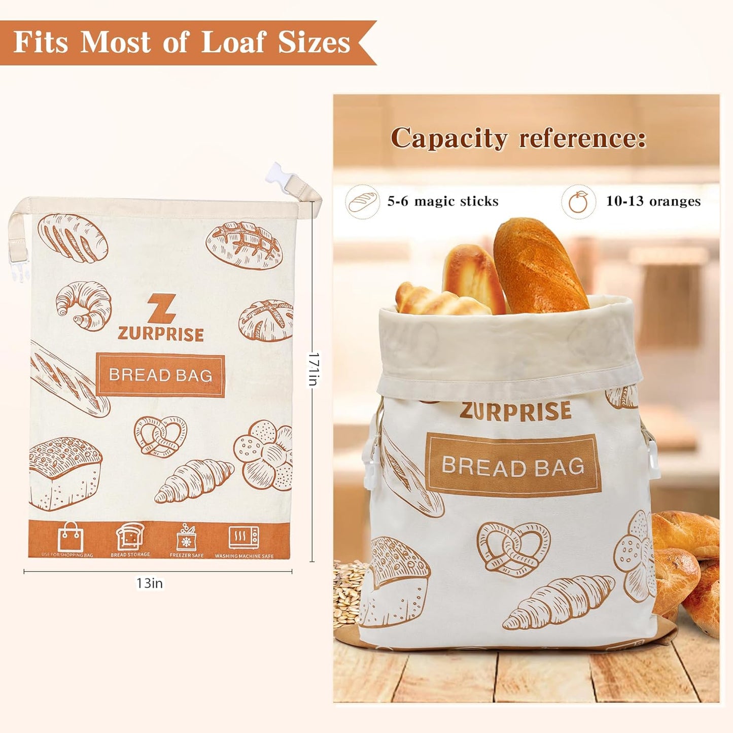 Beeswax Bread Bags for Sourdough Storage, 2 Pack Reusable Cotton Linen Bags, Easy to Clean, Zero-Waste Homemade