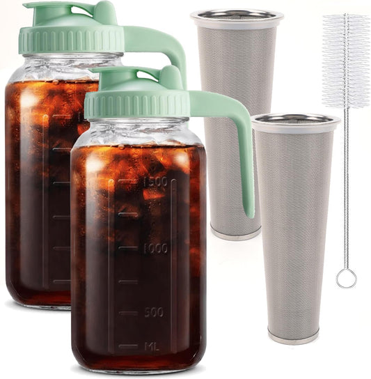 Fermus Set of 2 Cold Brew Coffee Maker, 64oz / 2Quart Glass Pitcher with Stainless Steel Filter and Pour Spout Handle Lid, Mason Jar for Making Cold Coffee, Fruit Drinks, Sun Tea (2)