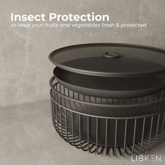 Metal Fruit Bowl with Mesh Lid and Basket - Fruit and Vegetable Holder For Kitchen Counter - Countertop Display Baskets Organizer - Bowl Storage for Veggie, Fruits, Snack, and Banana - Black