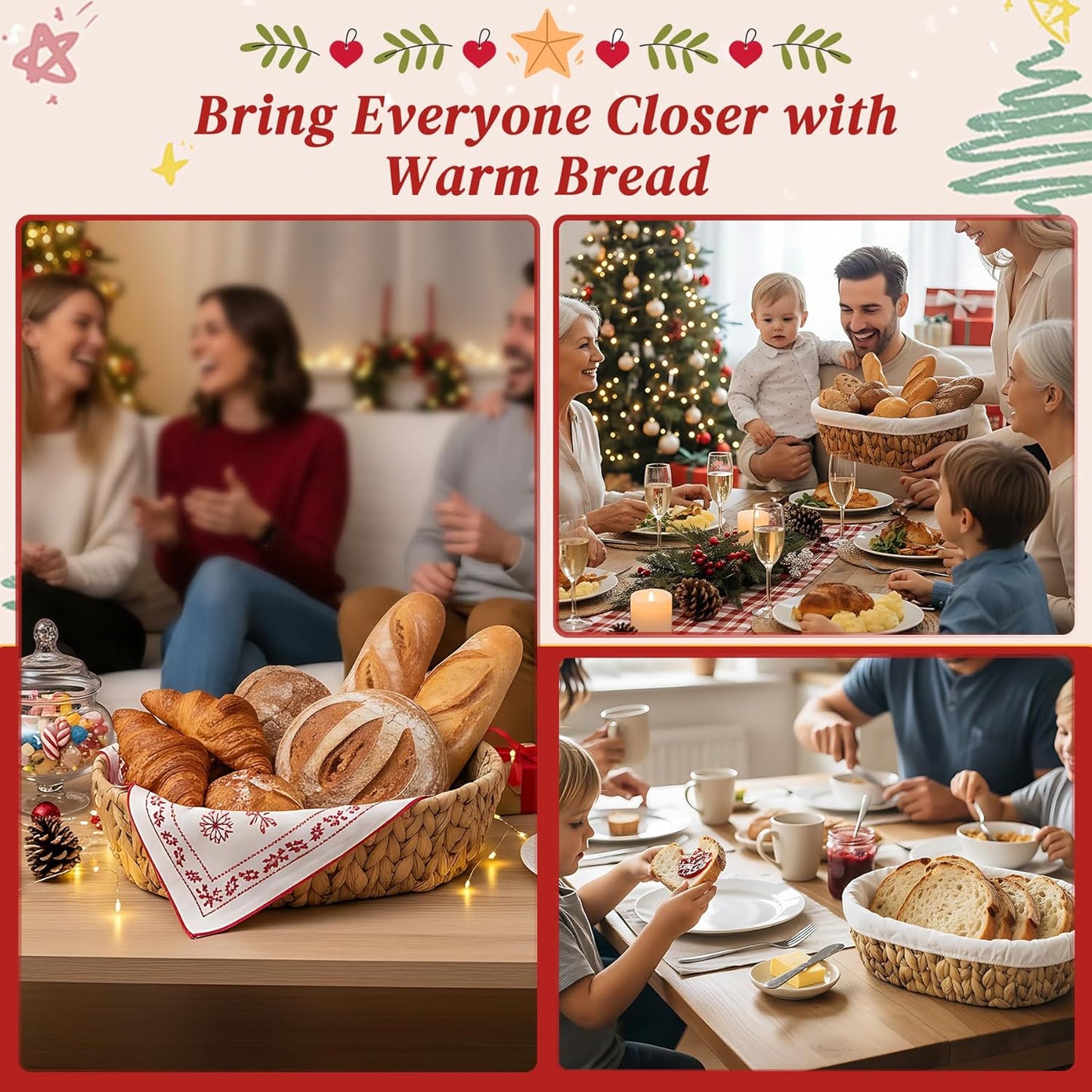 Bread Baskets for Serving with Stone (Large Oval 13.8 x 9.5) - Bread Basket with Warming Stone for Rolls & Tortillas, Gift for Bakers, Sourdough Lovers, Hostess, New Homeowner