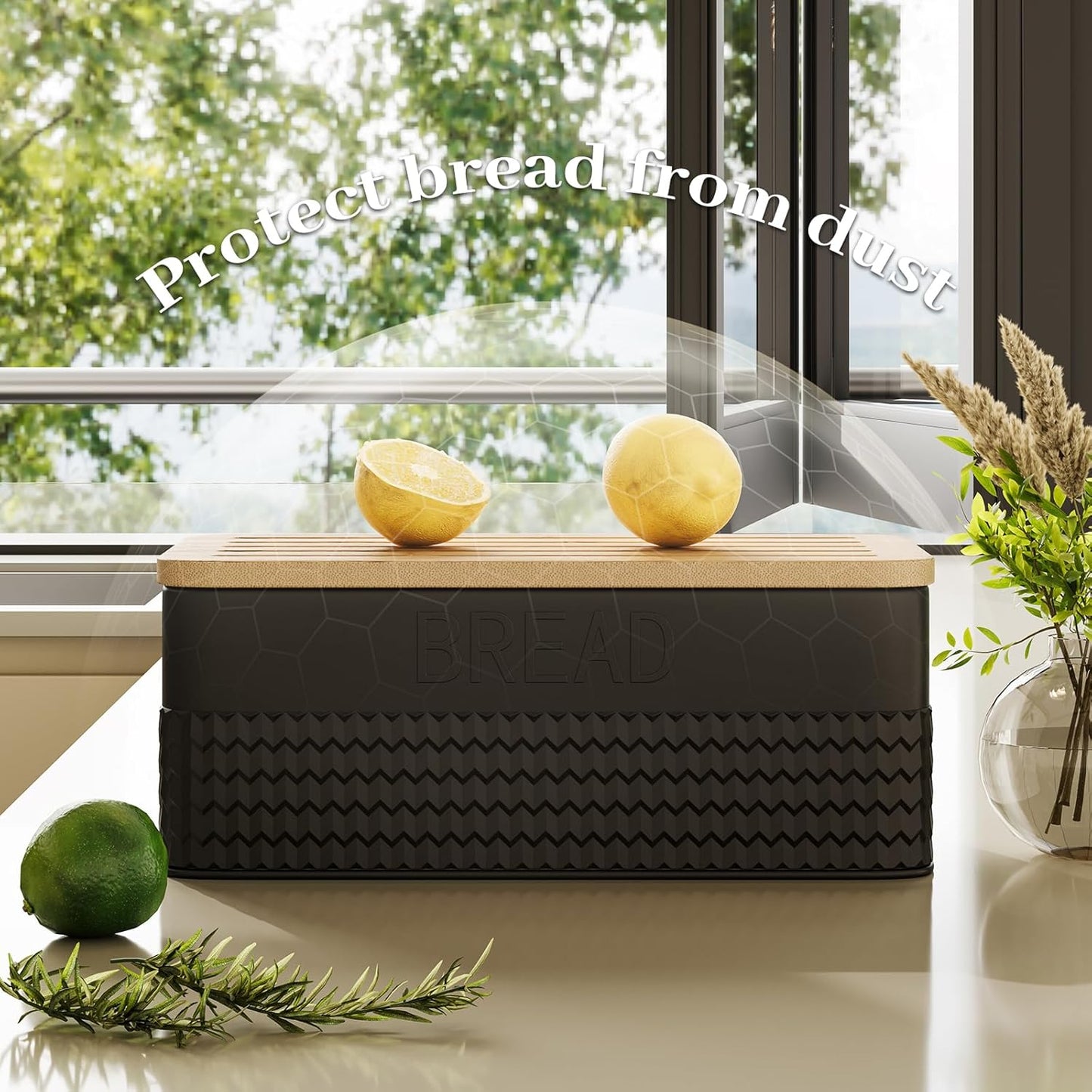 Bread Box for Kitchen Countertop - Metal Bread Storage with Bamboo Cutting Board Lid & Bread Knife, Corner Bread Container for Homemade Bread and Toast, Black