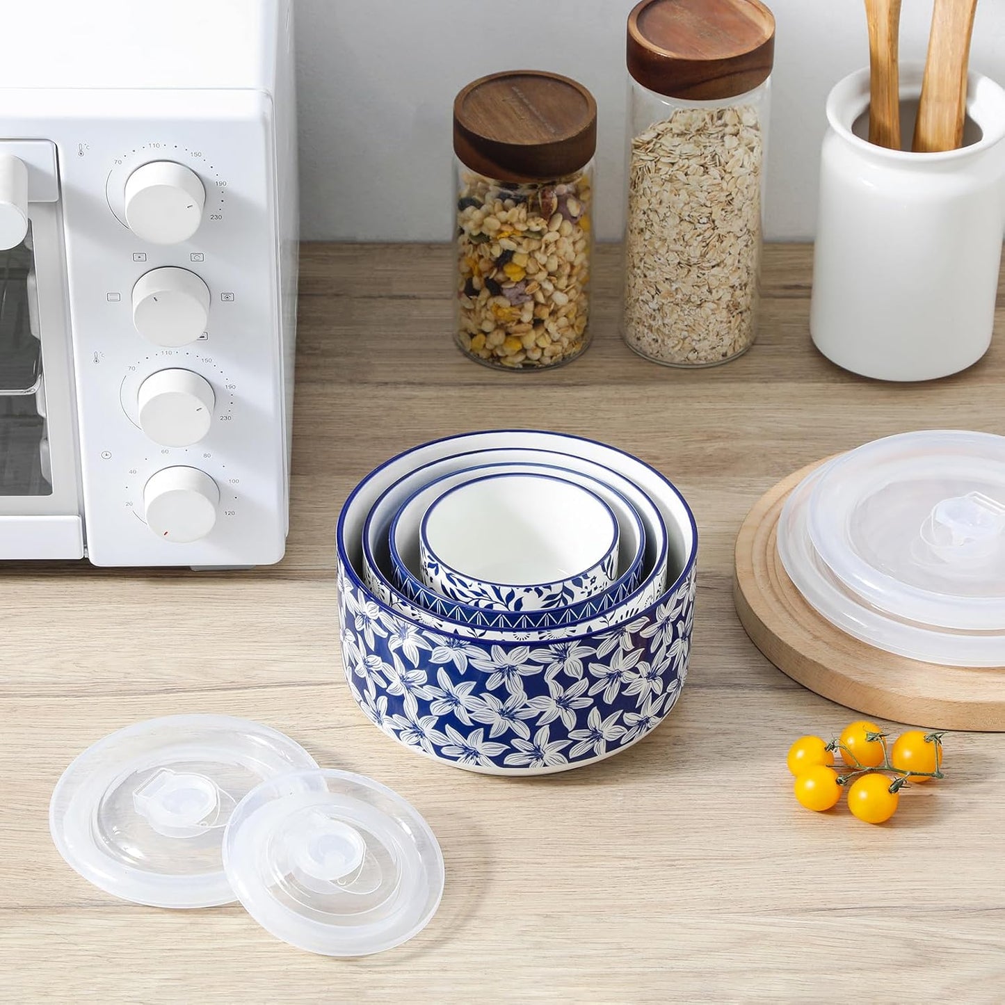 vancasso Ceramic Nesting Bowls with Lids Set of 4, Serving Bowls for Food Storage, Prep Bowl, Ceramic Bowl for Kitchen, Microwave & Dishwasher Safe, 60+36+20+10 Oz, Series SELENE