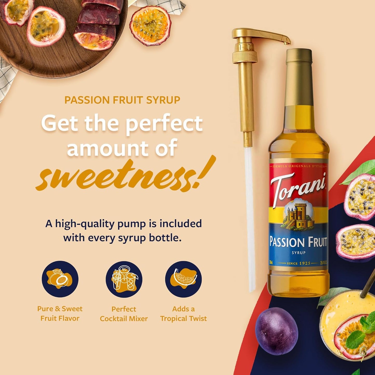 Torani Passion Fruit Syrup for Drinks, Flavoring for Iced Tea, Lemonade, Sodas, and Cocktails, Pump Included, 25.4 Oz