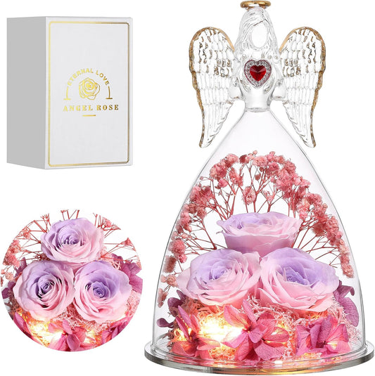 Mothers Day Rose Gifts for Women, Large Angel Figurines with Real Roses, Preserved Real Flower Rose for Her, PinkPurPink