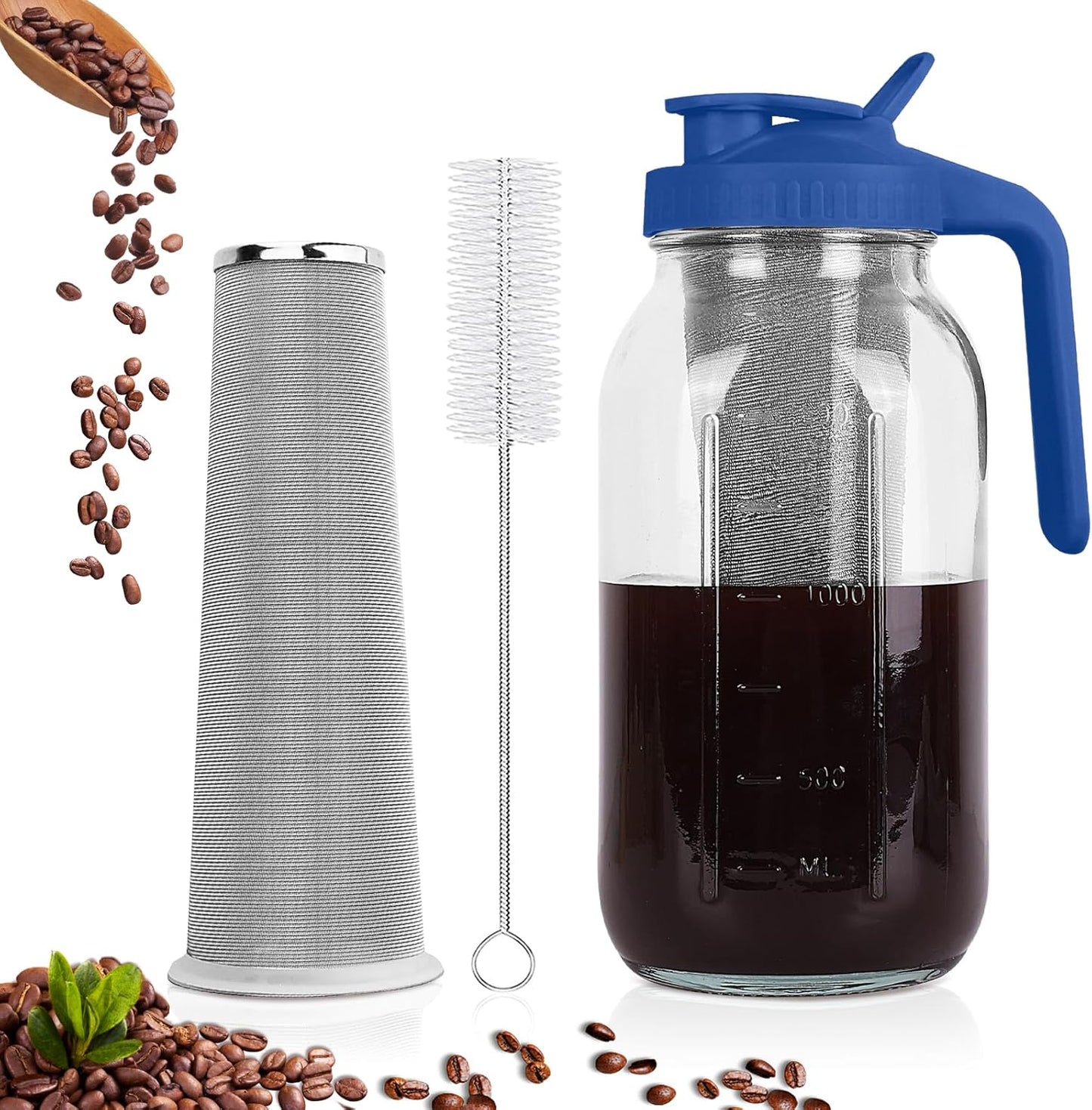 Cold Brew Coffee Maker,64 oz Mason Jar Pitcher with Stainless Steel Filter, Pour Spout Handle Lid, Heavy Duty Glass Airtight & Leak-Proof for Iced Coffee Tea & Lemonade -Blue