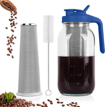 Cold Brew Coffee Maker,64 oz Mason Jar Pitcher with Stainless Steel Filter, Pour Spout Handle Lid, Heavy Duty Glass Airtight & Leak-Proof for Iced Coffee Tea & Lemonade -Blue