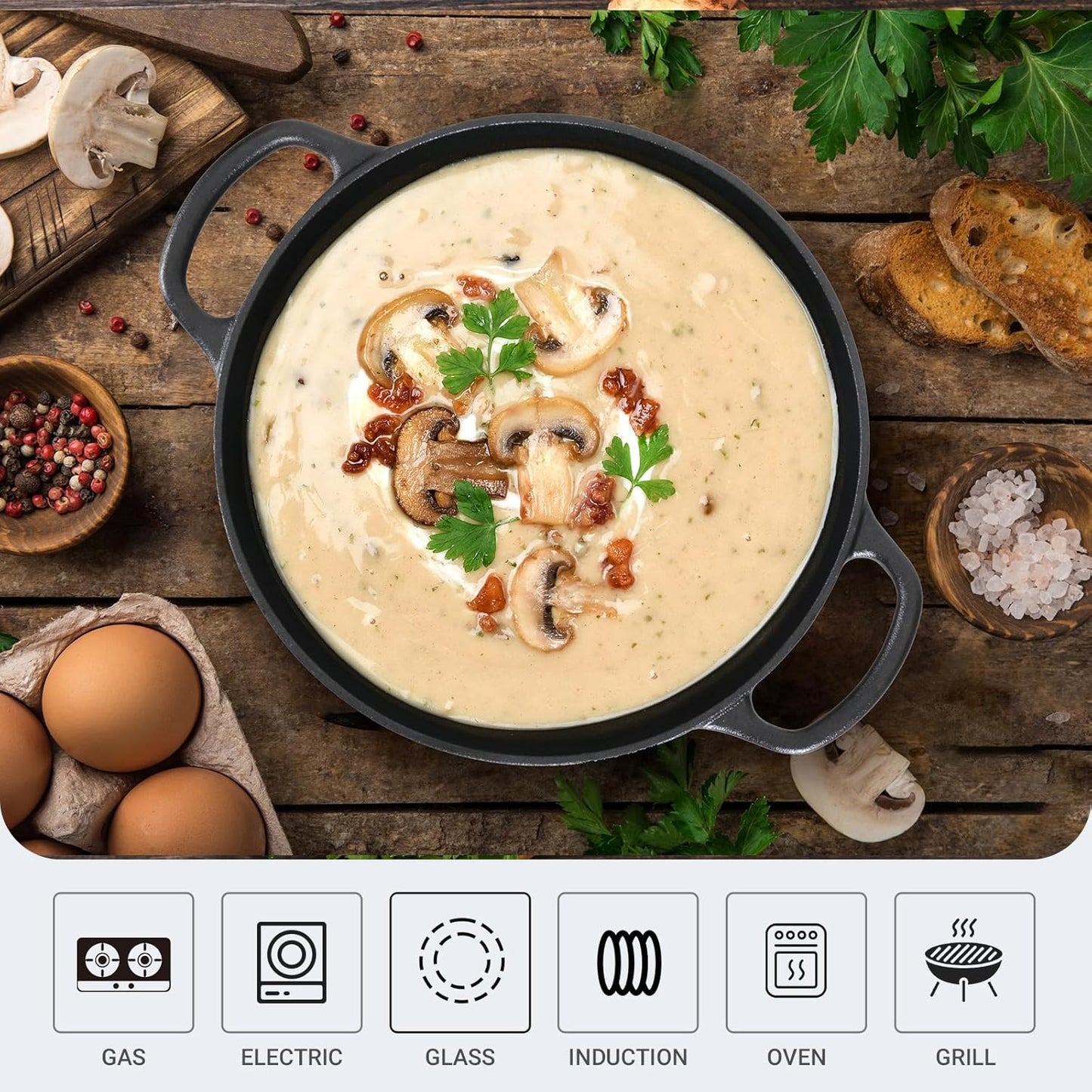 6 QT Basics Cast Iron Dutch Oven Pot with Lid and Dual Handles, Oven Safe up to 500°F Large Cooking Pan,Bread Oven