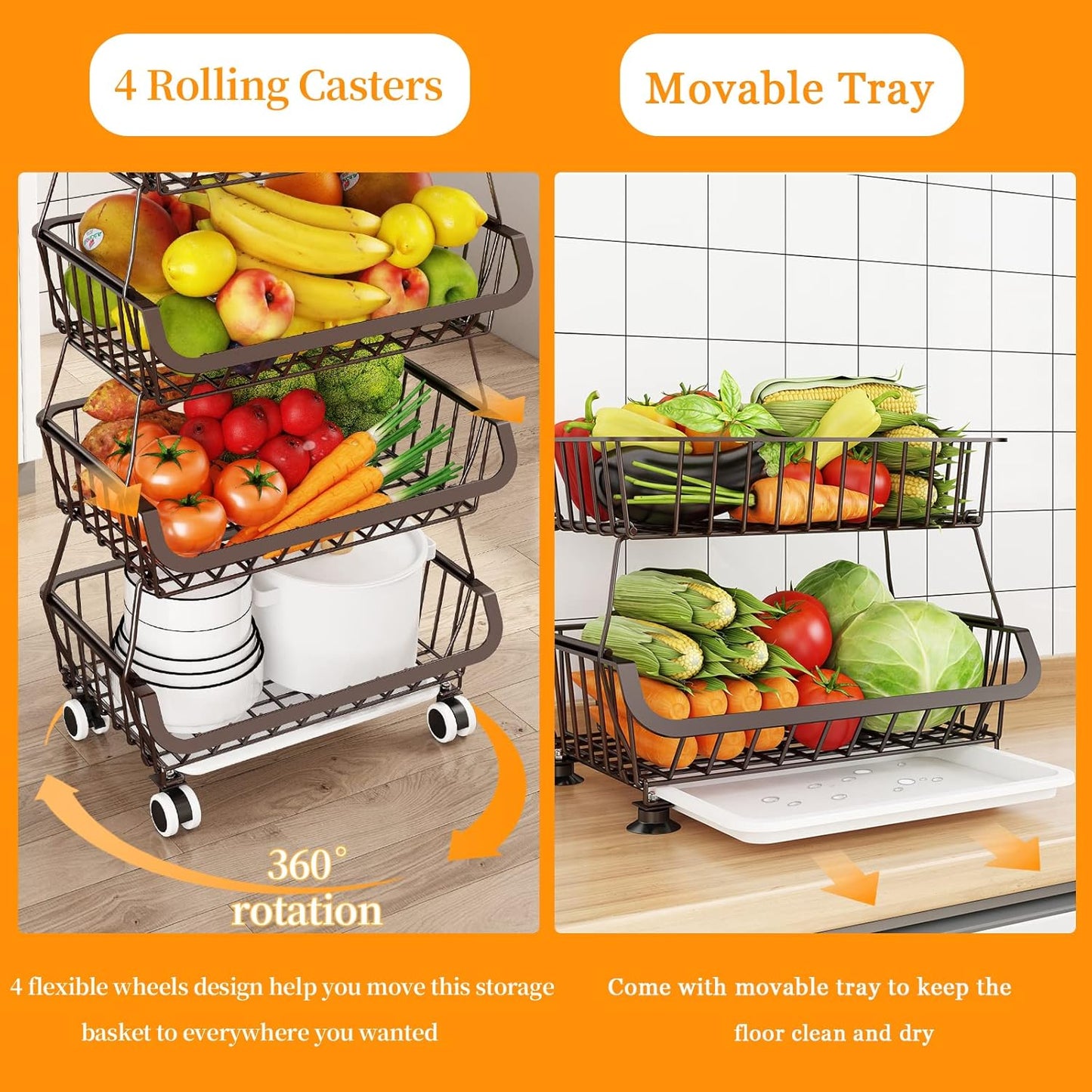 Miyawell Fruit Vegetable Storage Basket for Kitchen - 6 Tier Stackable Metal Wire Baskets Cart with Rolling Wheels Utility Fruits Rack Produce Snack Organizer Bins for Pantry Bathroom Laundry Bronze