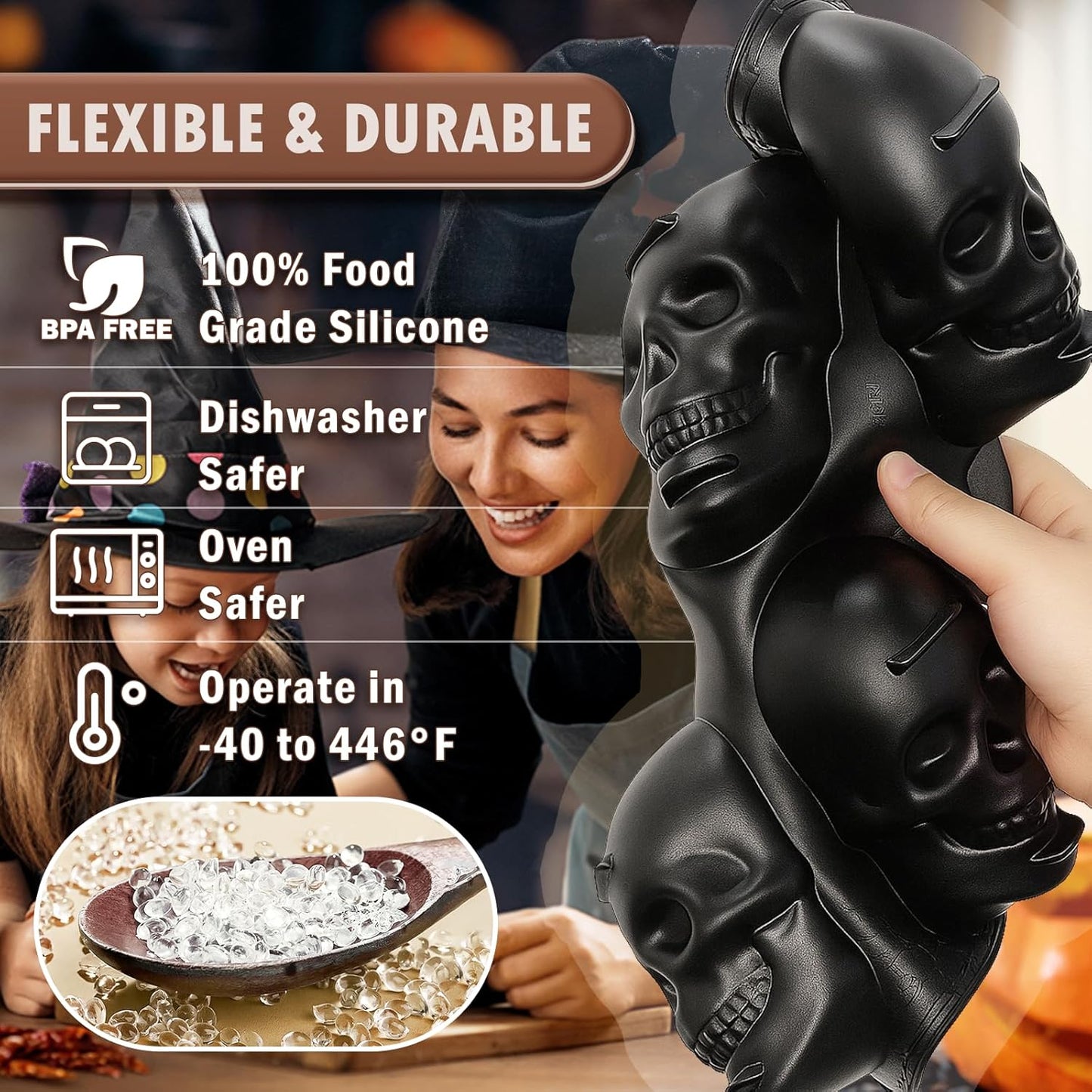 HKNMTT Skull Silicone Baking Pan for Halloween Pizza Cake, 6 Cavities 3D Large Molds, Nonstick Skeleton Head for Soap Ice Tray Oven Safe