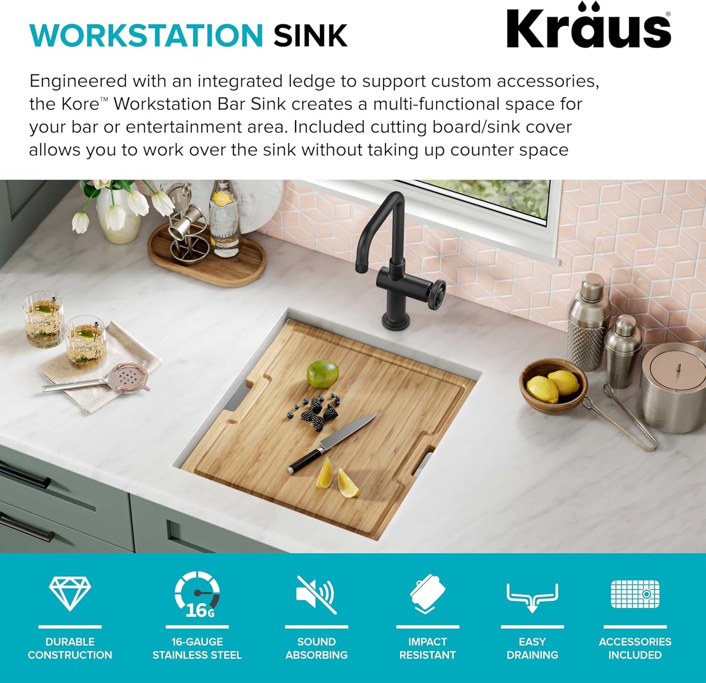 KRAUS Kore 17-Inch Undermount Workstation 16 Gauge Single Bowl Stainless Steel Bar Kitchen Sink with Accessories, KWU111-17