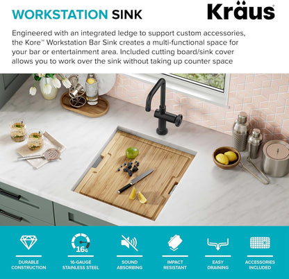 KRAUS Kore 17-Inch Undermount Workstation 16 Gauge Single Bowl Stainless Steel Bar Kitchen Sink with Accessories, KWU111-17