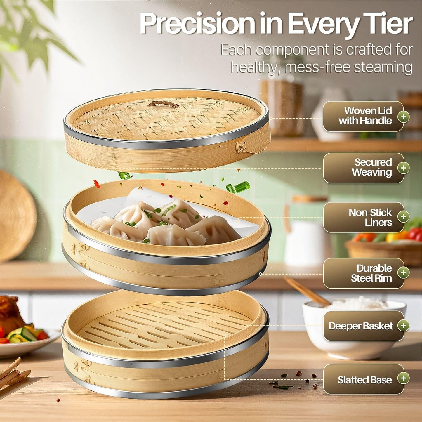 Flexzion Bamboo Steamer Basket Set (10 inch) with Stainless Steel Banding, 50 x Steamer Liners and 2 Pairs of Chopsticks, Steam Baskets for DimSum Dumplings, Rice, Vegetables, Fish and Meat