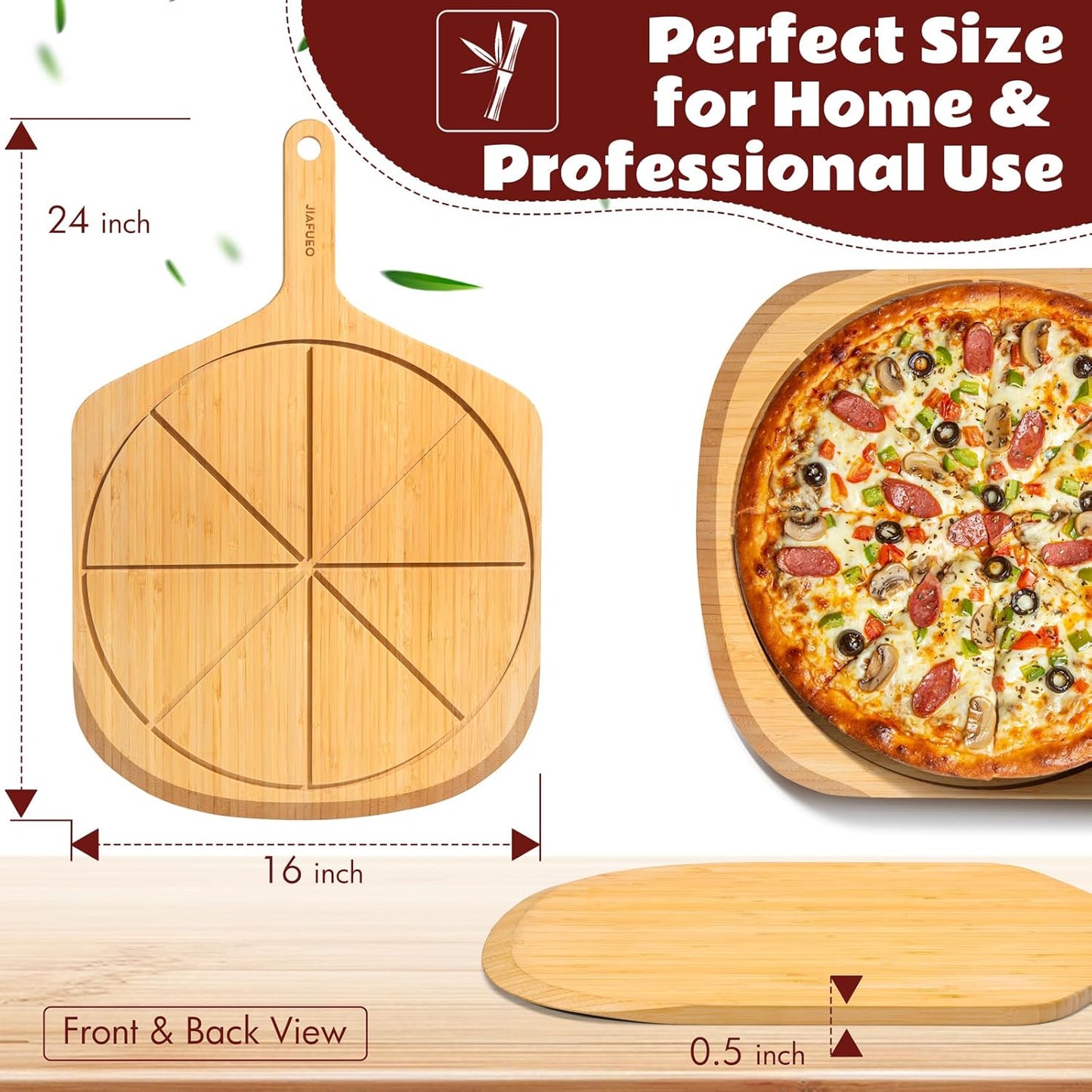 Wooden Pizza Peel 16 Inch, Large Bamboo Pizza Paddle Spatula - Serving Board, Wood Pizza Cutting Boards with 8 Slice Grooves and Handle for Kitchen Oven Pastry Pizzas