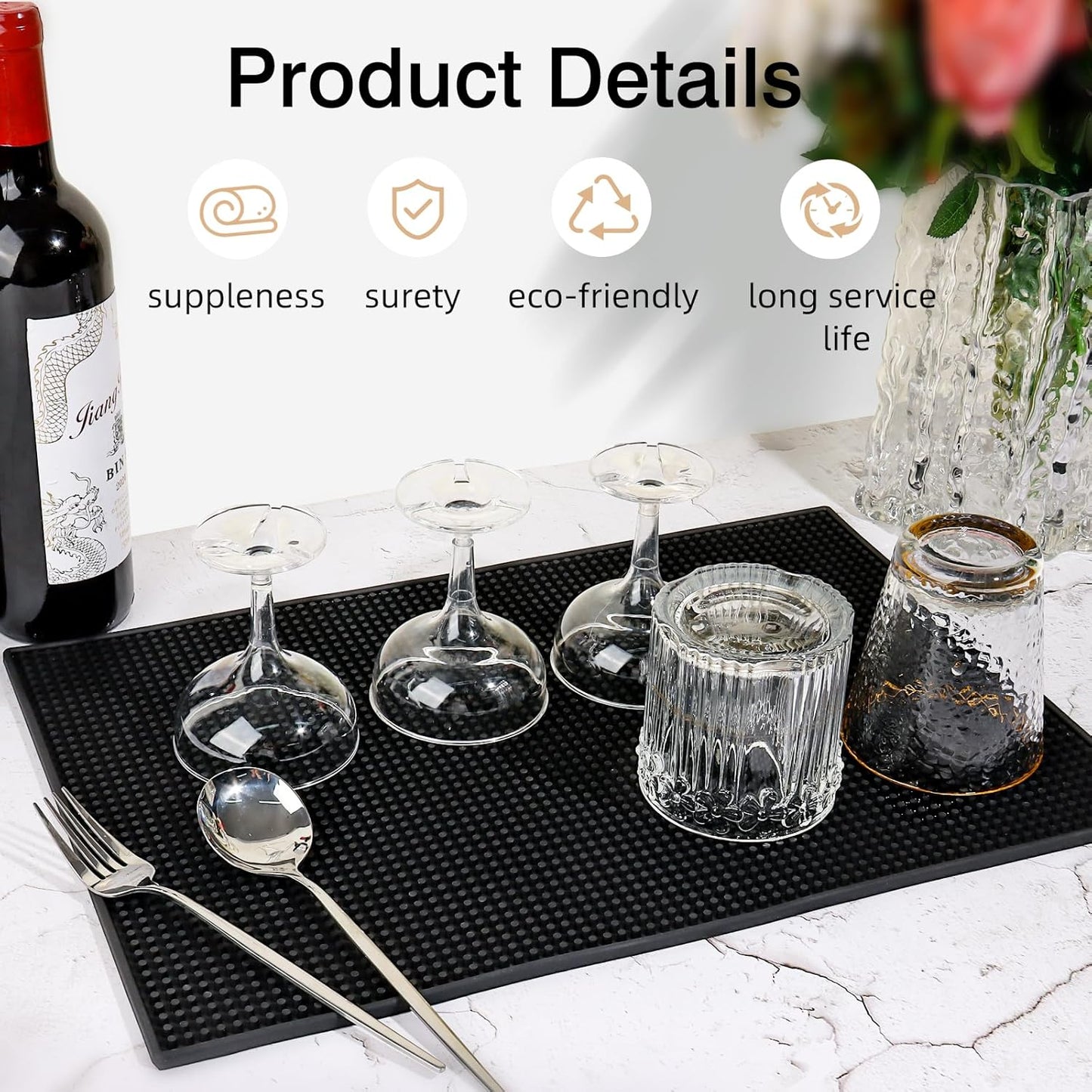 4 Pcs Bar Mats for Countertop 18 x 12 Inch Rubber Silicone Bar Drying Coffee Non Slip Mat for Bartending Home Cocktail Bars Restaurants (Black)
