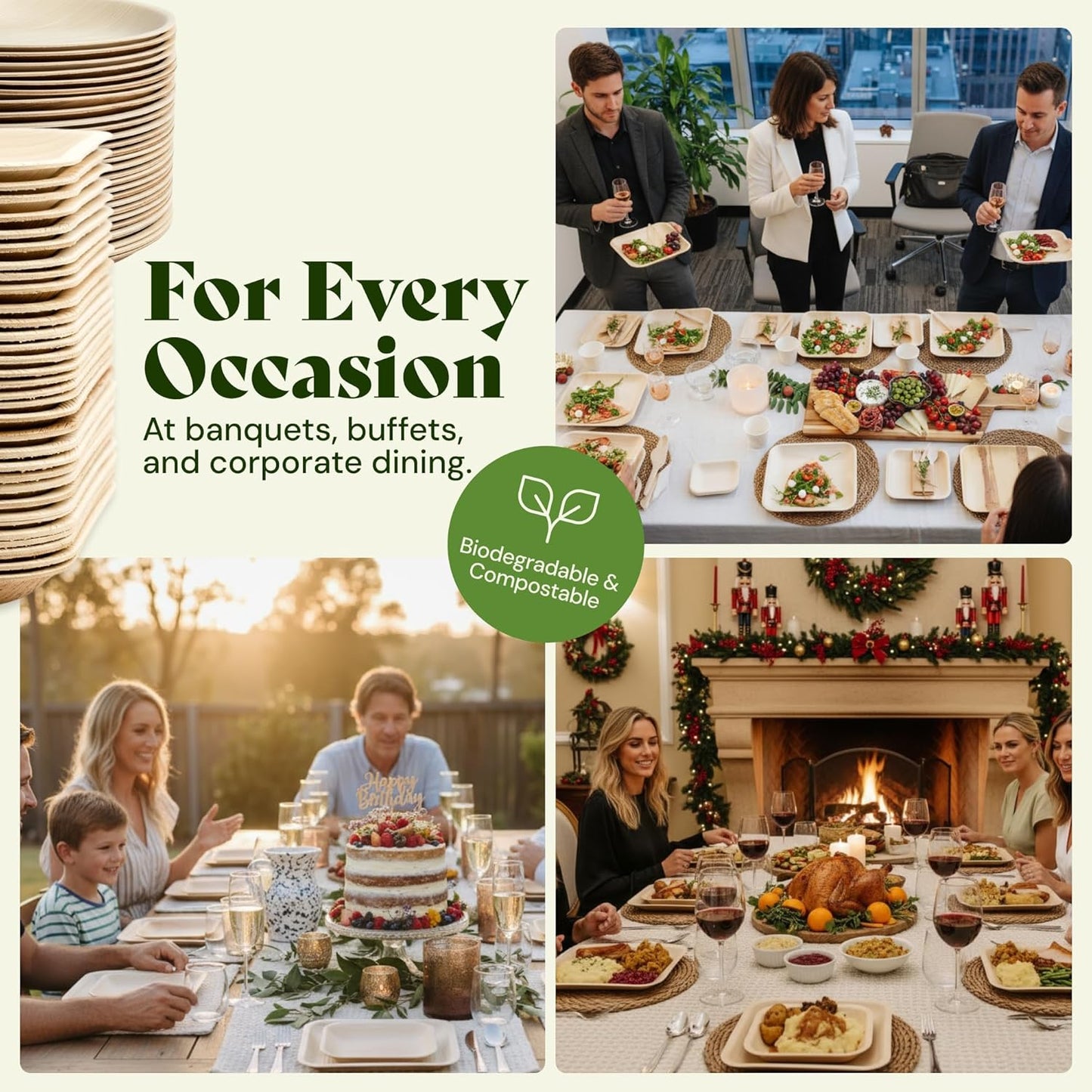 Chic Leaf Palm Leaf Disposable Bamboo Plates - Palm Leaf Plates for Weddings & Event Appetizers - Biodegradable & Compostable - Christmas Meal Turkey Holiday Dinner, Party Supplies (7", 50 Pack)