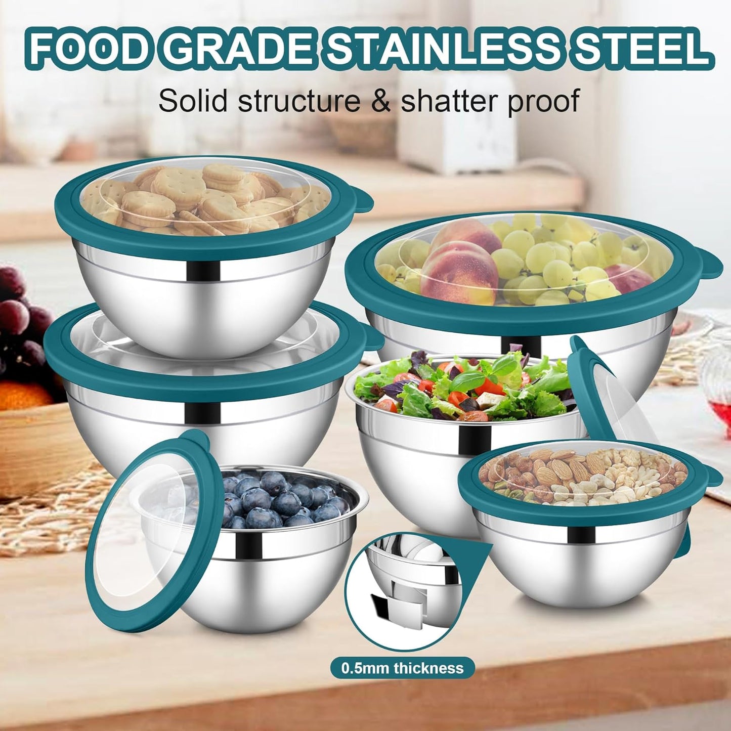 LIANYU 6 Packs Stainless Steel Mixing Bowls, Large 7, 3.5, 2.5, 2, 1.5, 1QT Size, Deep Metal Nesting Bowls Set for Baking Cooking Serving Prepping Food Storage, Include Visible Airtight Lid, Dark Blue