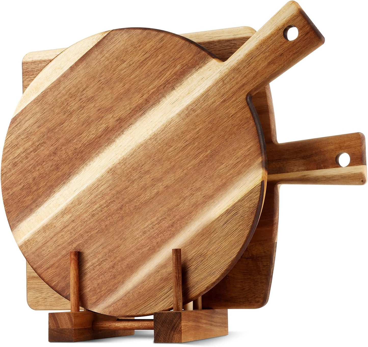 2 Pack Acacia Wood Cutting Board with Stand, Charcuterie Boards for Kitchen, Round & Rectangular Wooden Cutting Board Set for Cheese, Meat, Pizza, Vegetables, Bread(16 x 12 Inch)