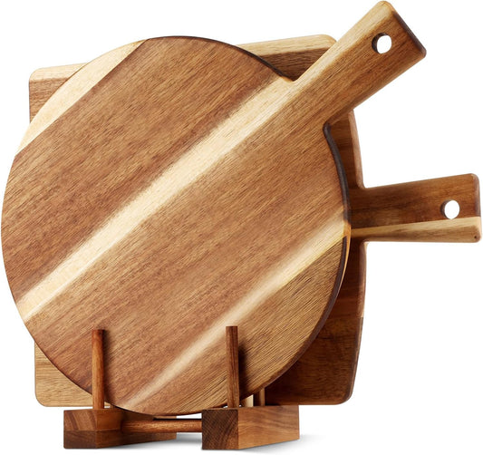2 Pack Acacia Wood Cutting Board with Stand, Charcuterie Boards for Kitchen, Round & Rectangular Wooden Cutting Board Set for Cheese, Meat, Pizza, Vegetables, Bread(16 x 12 Inch)