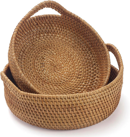 Rattan Storage Basket, Hand Woven Fruit Basket with Handles, Wicker Serving Basket, Bread Basket, Decorative Baskets for Organizing, Set of 2