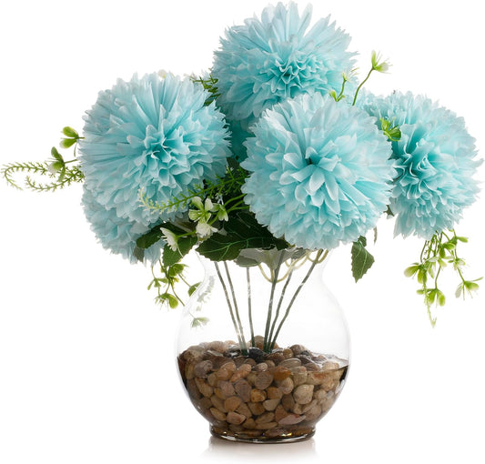 ENOVA FLORAL 7 Heads Silk Marigold Artificial Flowers in Vase,Faux Marigold Flowers Arrangement in Round Bowl Vase with Faux Water and River Rock for Table Decor Centerpieces (Marigold-Aqua)