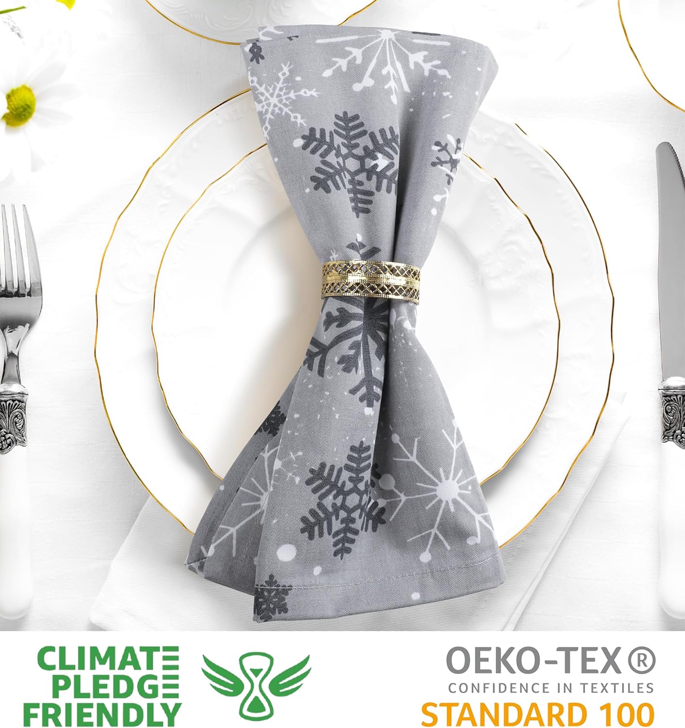 Urban Villa Christmas Dinner Napkins Grey Snowflake Print Cloth Napkins Set of 12 Size 20x20 Inches 100% Cotton Dinner Napkins for Christmas Celebrations Wedding Parties Everyday use Soft Quality