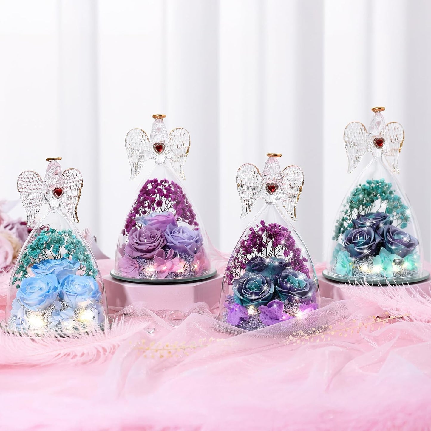 Mothers Day Rose Gifts for Women, Large Angel Figurines with Real Roses, Preserved Real Flower Rose for HerGlitterPurpleAquablue