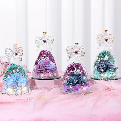 Mothers Day Rose Gifts for Women, Large Angel Figurines with Real Roses, Preserved Real Flower Rose for HerGlitterPurpleAquablue