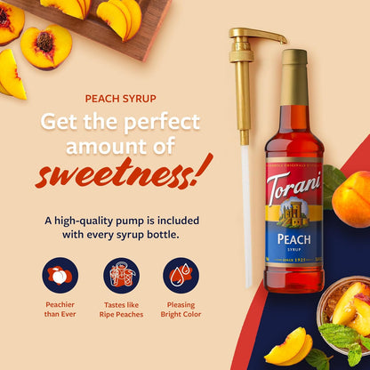 Torani Peach Syrup for Drinks, Flavoring for Iced Tea, Lemonade, and Sodas, Pump Included, 25.4 Oz
