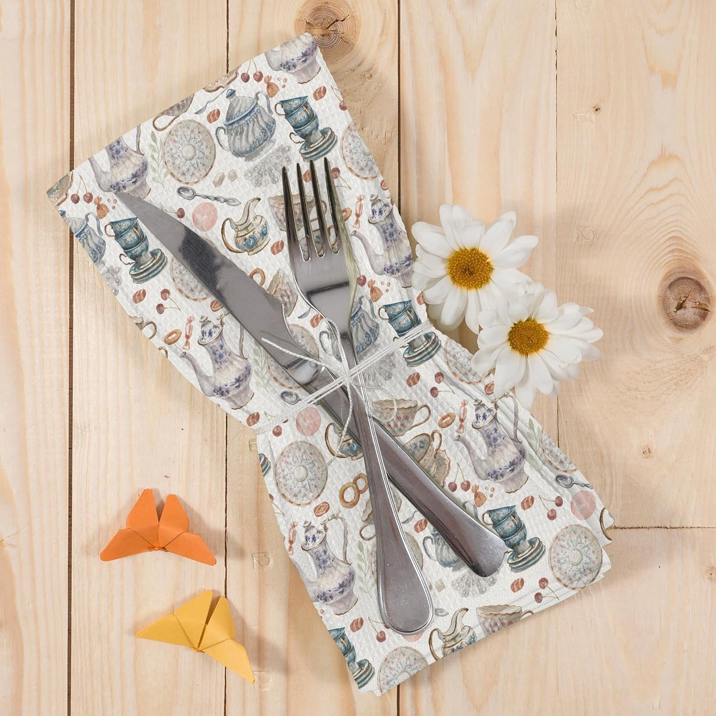 Vintage Teacups Kitchen Dish Towels, Retro French Garden Tea Lover Gifts for Women Men, Coffee Cups Teapots Kitchen Decor, Tea Time Hand Towels Kitchen Bathroom Tea Towels Decorations, 16x24inch