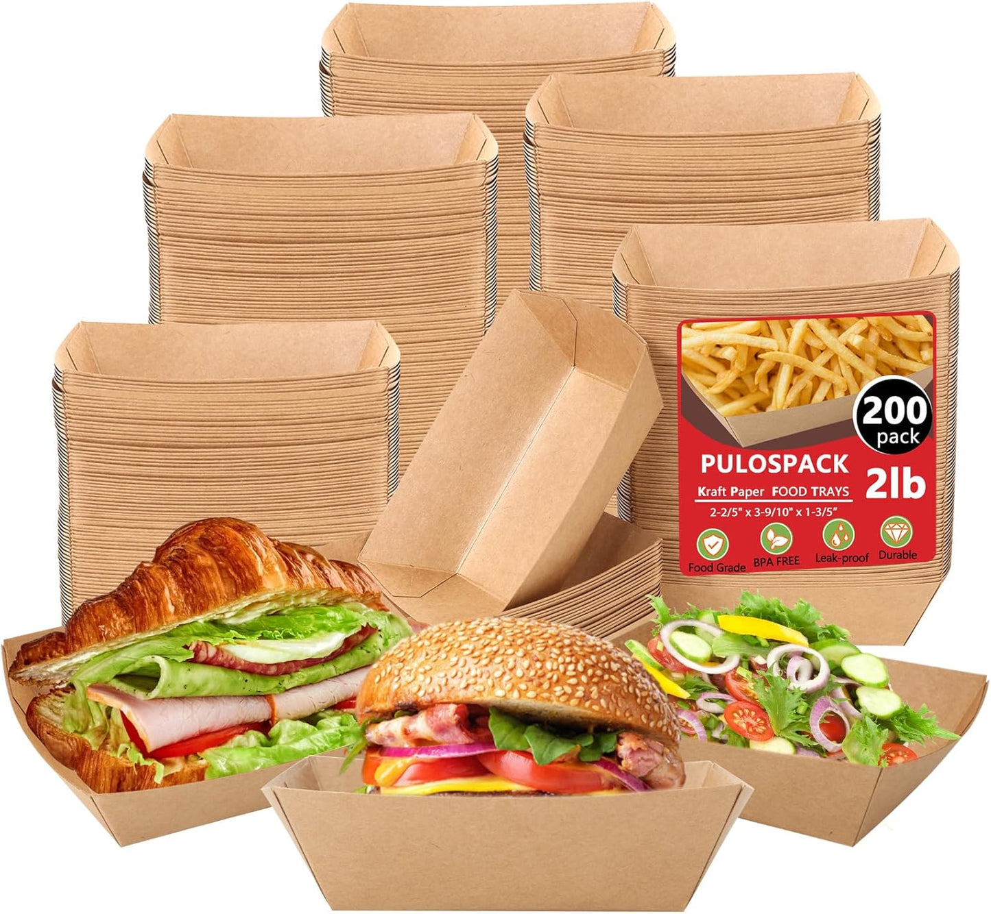 200 Pack 2lb Kraft Paper Food Boats, Disposable Paper Trays Boats for Serving Snack Nachos French Fries Tacos Hot Dog BBQ Popcorn Festivals Party Picnic Wedding