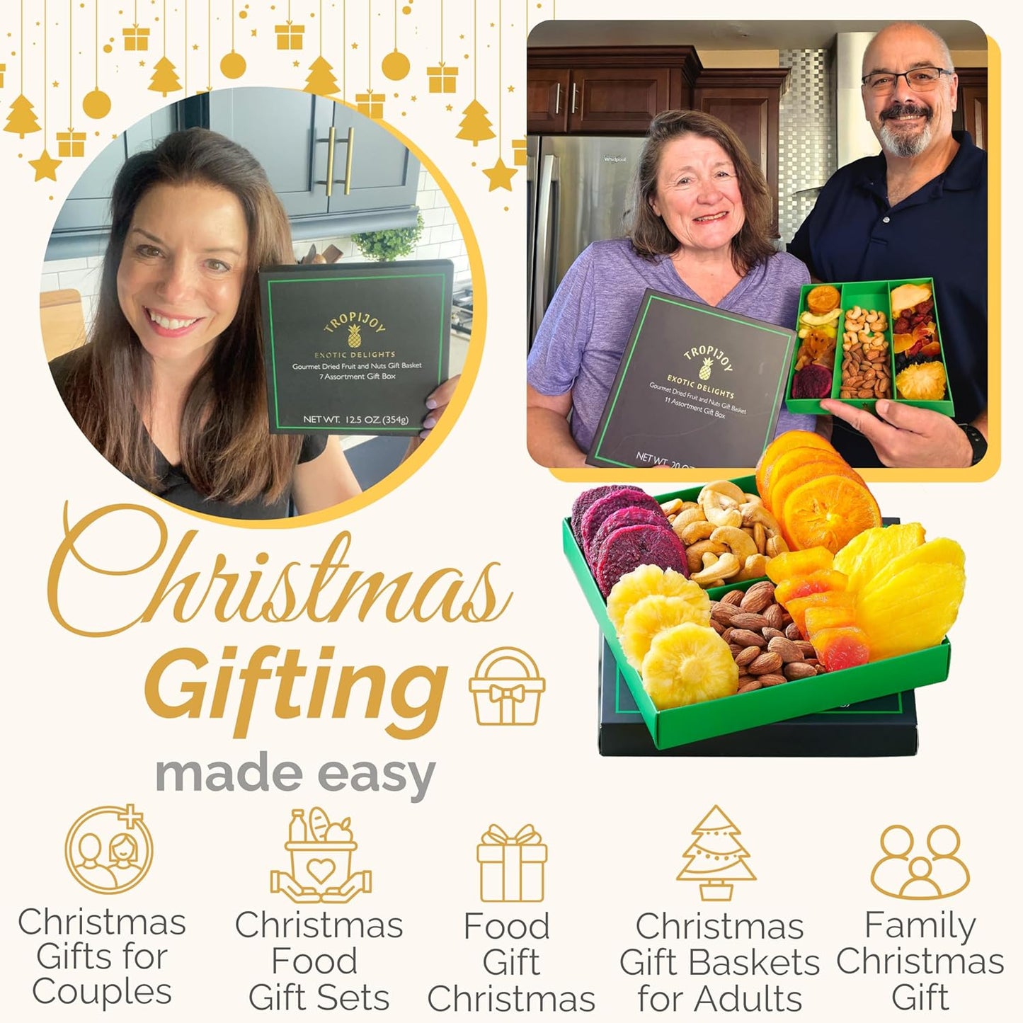 Dried Fruit Gift Basket - 7 Tropical Flavor Christmas Dried Fruit Basket Gift - 12.5oz Soft Fruit and Nut Gift Baskets - Dry Fruits Gift Box - Holiday Christmas Gifts Baskets for Adults and Families