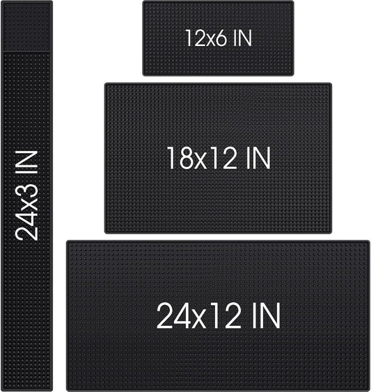 4 Pcs Thick Rubber Bar Mats for Bartending, Durable Non-slip Spill Mat for Countertop, Home Kitchen, Coffee Bars, and Restaurants Accessories, Black(24" X 12"+18" X 12"+24" X 3"+12" X 6")