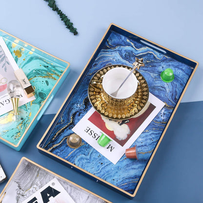 Zosenley Decorative Tray, Marbling Plastic Tray with Handles, Rectangular Vanity Tray and Serving Tray for Bathroom, Kitchen, Ottoman and Coffee Table, 15.6” x 10.2”, Blue