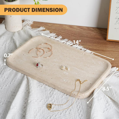 Travertine Vanity Tray, Stone Bathroom Tray for Countertop, 14'' Marble Decorative Dresser Trays, Large Serving Trays for Kitchen Counter, Storage for Kitchen Sink, Perfume, Jewelry Holder
