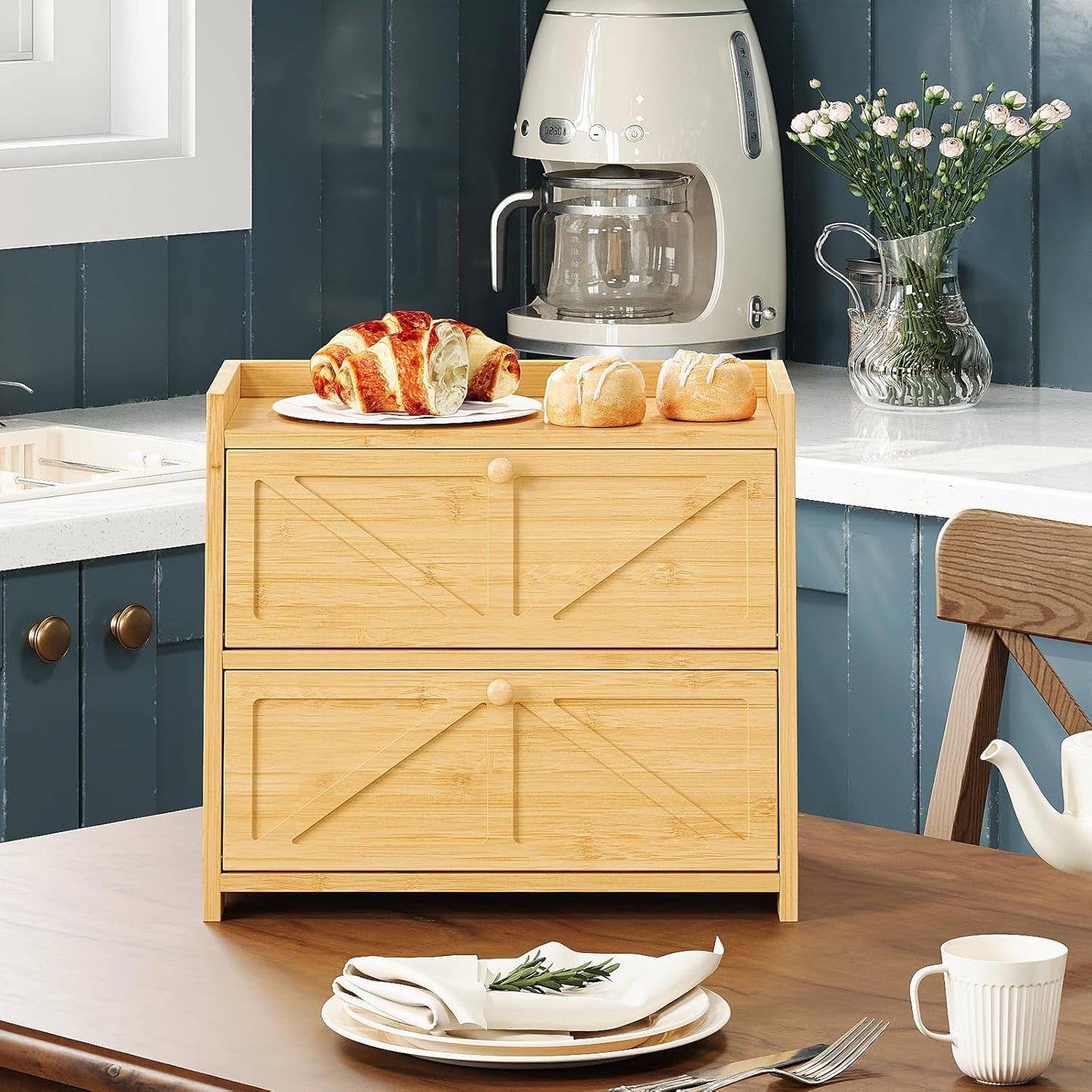 Vintage Double Layer Bread Box for Kitchen Counter Bamboo Bread Storage Container Large Capacity Bread Storage Bin (Natural Bamboo)